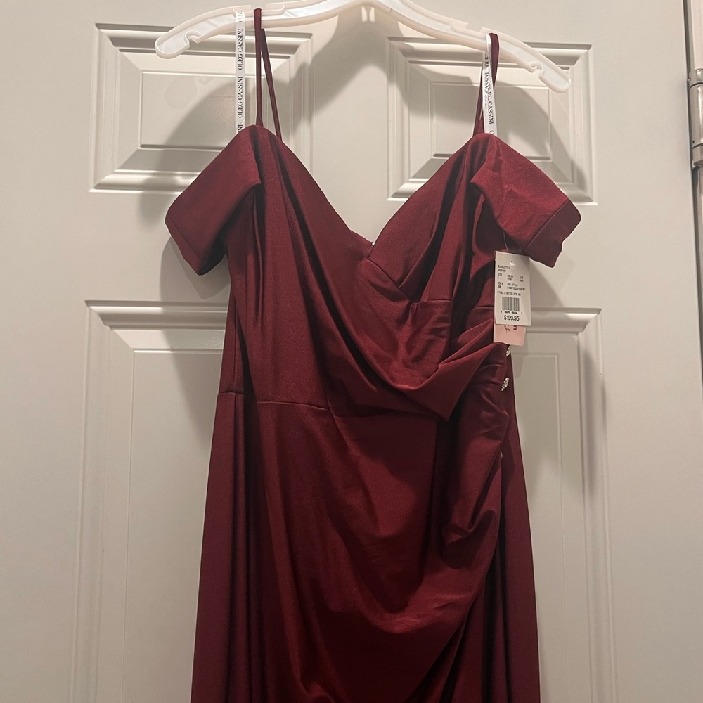 Oleg Cassini Wine Off-Shoulder Maxi Dress